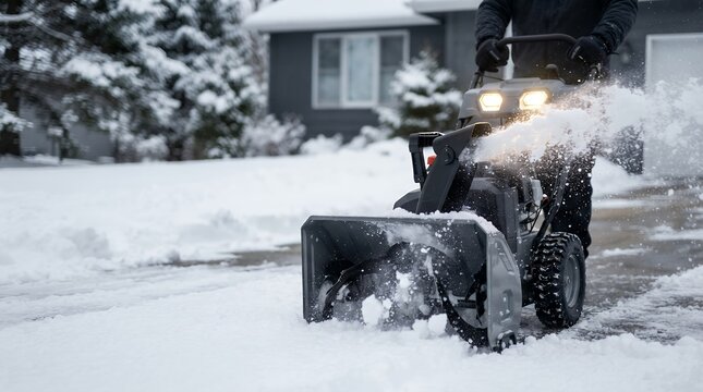 Cordless electric snow blower clearing a residential driveway during a winter storm.