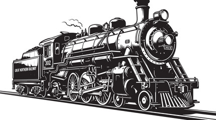 Black and white of a vintage steam locomotive train labeled northern railway on tracks also transparent background © Pixel With MH