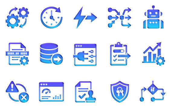 Automation software workflow Icon Set. Business digital development process tools. 3D Glossy Gradient. Transparent PNG
