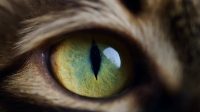 Close up of a domestic cat&rsquo;s eye slowly opening and closing in slow motion, revealing detailed fur, eyelid movement, natural texture, and expressive feline features.