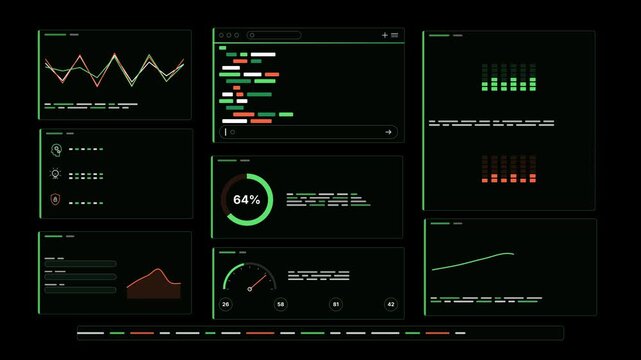 AI Terminal Dashboard Overlay, Lime Green Data Panels, Seamless Loop, Futuristic HUD Analytics Interface, Dark Background, Data Visualization, Line Graph Bar Chart Gauge, Cyber Technology UI