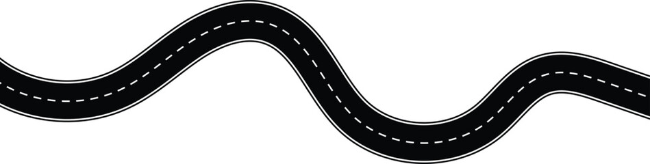 Fototapeta premium Wavy asphalt road path icon. Curved highway street with white dashed center line symbol. Winding road trip drive and traffic navigation route sign
