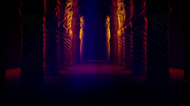 Mystic Empty Backdrop with Ornate Gothic Pillars Glowing Blue and Red Light 3D Loop