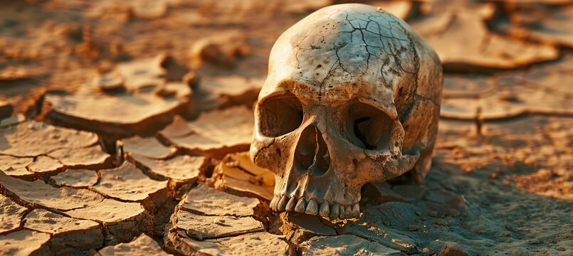 Human skull resting on cracked dry earth in arid desert landscape symbolizing death, mortality, disaster, and climate change devastation with dramatic lighting and suspenseful atmosphere for creative