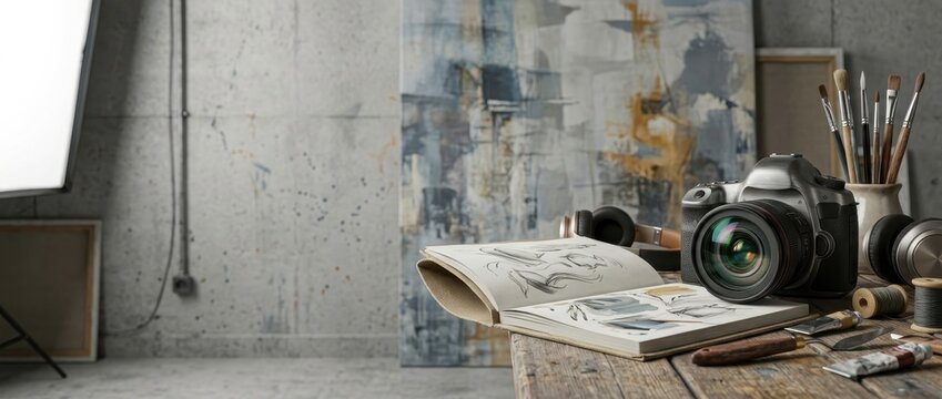 Creative art studio desk with camera and sketchbook celebrating youth culture and creativity