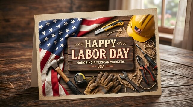 Happy Labor Day USA - American Workers, Tools, Flag, Hard Hat, Construction