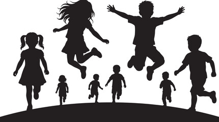 Obraz premium Black silhouettes of joyful children running and jumping on a hill against a white background, also transparent background