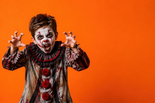 Scary clown costume on a child with face paint and spooky makeup for Halloween, orange background with copy space