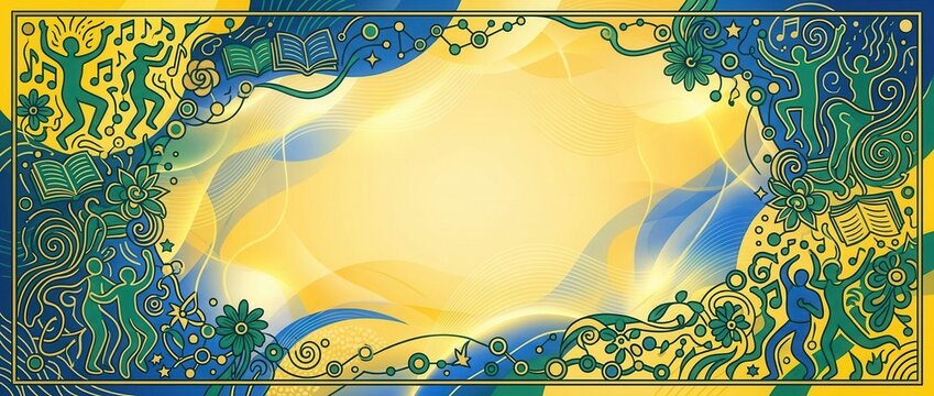 Colorful doodle art border banner celebrating international youth day with dancing figures and education symbols