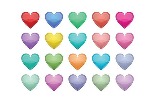 A collection of twenty glossy heart in various colors and gradients, arranged in a grid pattern on a white background