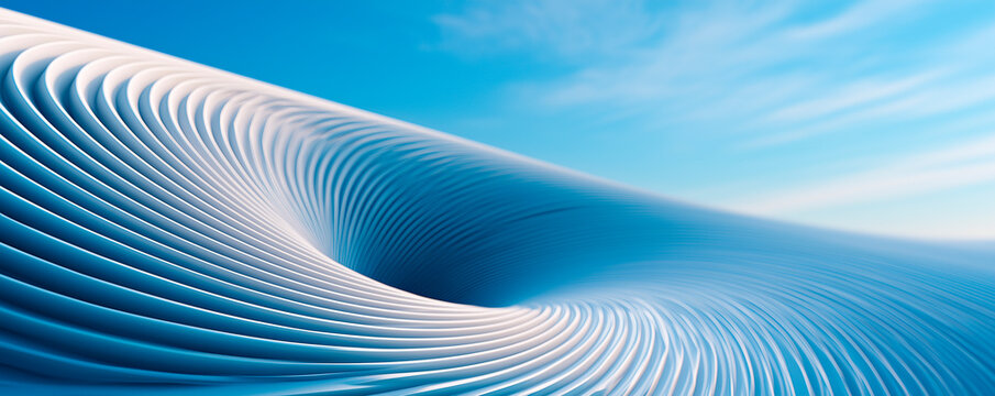 Abstract 3D blue and white architectural pattern background. Geometric spiral parametric structure under blue sky, perfect for modern corporate presentations and real estate banners