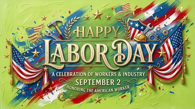 Happy Labor Day USA Celebration with American Flags and Tools