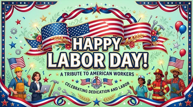 Happy Labor Day USA Celebration with American Workers, Flags, and Fireworks