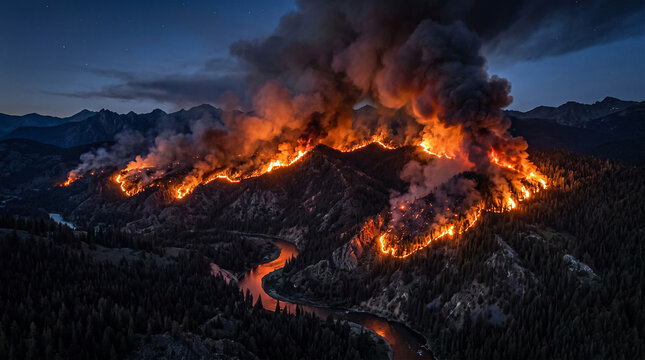 Intense forest fire burning across a dark mountain range with a river flowing in the deep valley
