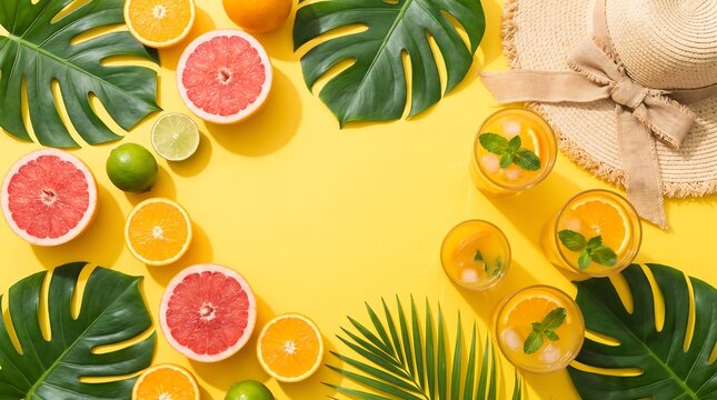 Bright summer background with tropical leaves and citrus fruits celebrating the first day of winter in warm climates
