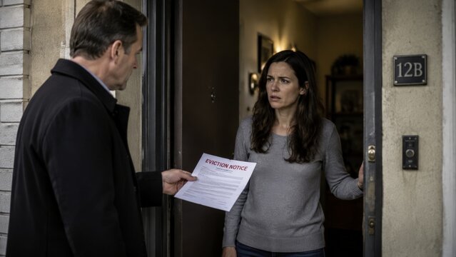 Stern landlord in a dark coat handing a printed eviction notice to a worried woman who stands anxiously in the doorway of her apartment marked with the number twelve B on the wall