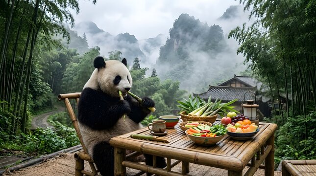 Giant panda eating bamboo in a misty mountain bamboo forest setting