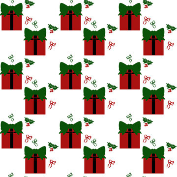 Seamless pattern with wrapped christmas gift boxes and candy canes, festive red and green background