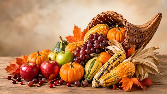 Abundant cornucopia filled with autumn harvest fruits and vegetables