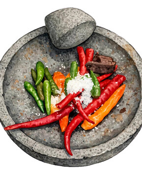 Authentic Sambal Dadak Watercolor Clipart - Indonesian Chili Paste on Stone Mortar