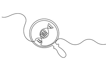 Obraz premium DNA magnifier vector showcasing a continuous line art genetic research concept with outline.