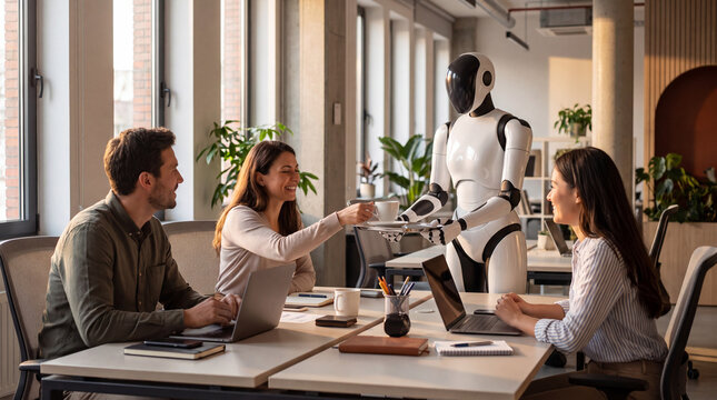 Human-Robot Collaboration in Modern Office: A sleek humanoid robot engages in a productive discussion with a team of diverse professionals in a bright, contemporary office setting.