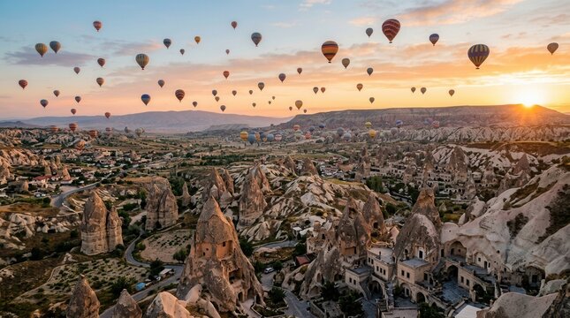 Hot Air Balloons Over Cappadocia Fairy Chimneys at Sunrise.