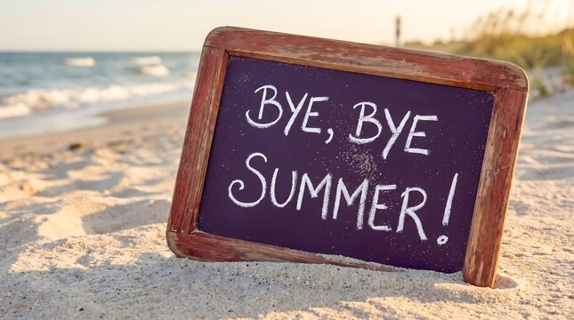 A chalkboard sign on the sandy beach saying bye bye summer as we approach the first day of winter