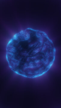 Dark blue plasma sphere with a glowing cyan rim and swirling fluid surface, creating a mysterious abstract cosmic energy orb on a purple background.