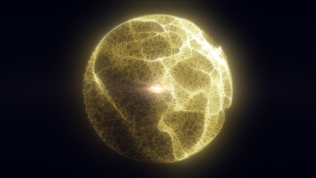 Golden glowing abstract sphere with delicate plasma texture and soft inner flare on a dark background, evoking cosmic energy and advanced science.