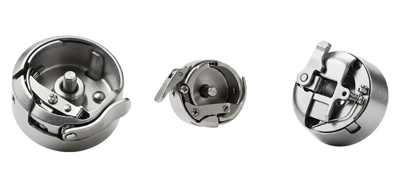 Three metal objects with mechanical parts on transparent background