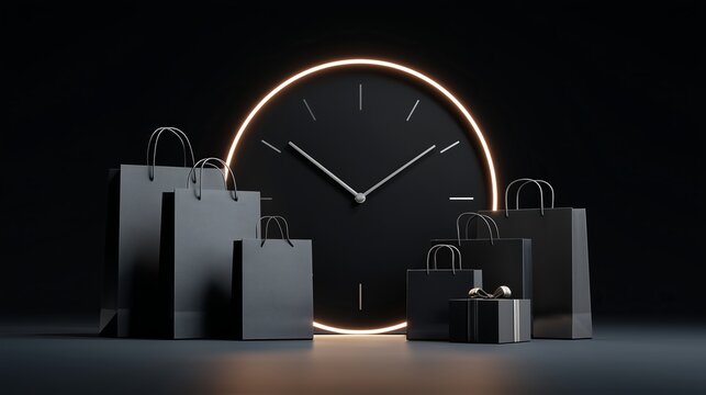 Minimalist Wall Clock surrounded by Black Shopping Bags and Gift Box