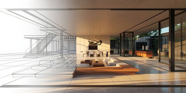 Architectural visualization showing a split view of a luxury living room interior with a wooden floor, modern sofa, and a wireframe overlay representing the structural building