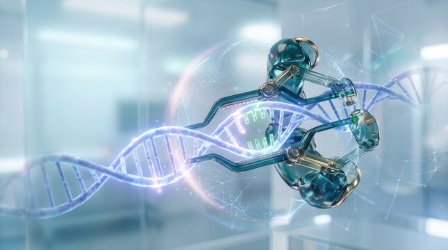 Gene editing therapies in futuristic laboratory with robotic technology and glowing DNA molecule
