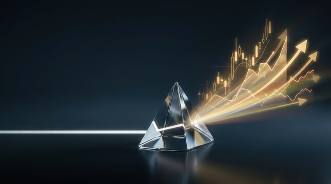 Generative AI investments balance risk and reward through crystal prism and rising financial chart