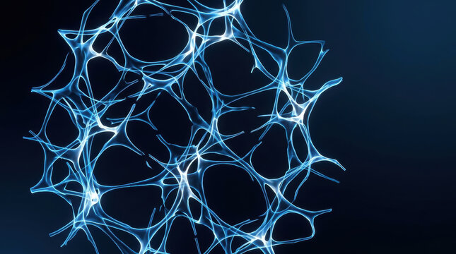Blue neural network illustration representing osteoporosis research with glowing interconnected cells on dark scientific background