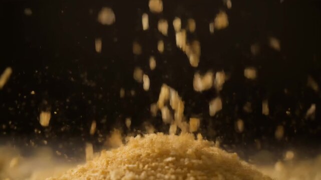 Golden breadcrumbs falling slow motion dust movement
