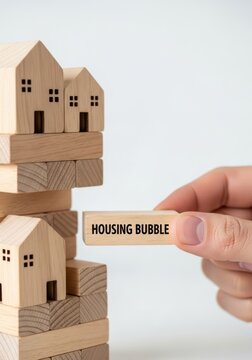 Housing Market Bubble Concept. Wooden House Models Stacked with Hand Holding "Housing Bubble" Label, Concept of Real Estate Market Risk and Housing Market Stability