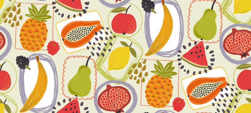 Seamless pattern with abstract fruits in primitive style and vintage texture. Trendy aesthetic farmer market hand drawn vector endless background. Fresh, vibrant, vegetarian organic wallpaper.