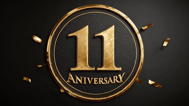 A luxurious gold and black 11th anniversary logo with confetti on a dark background
