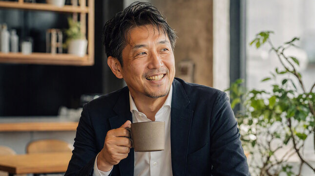 コーヒーを飲みながら笑顔を見せるアジア人男性
