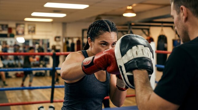 Female boxer training with coach hitting focus pads in a professional boxing gym ring.