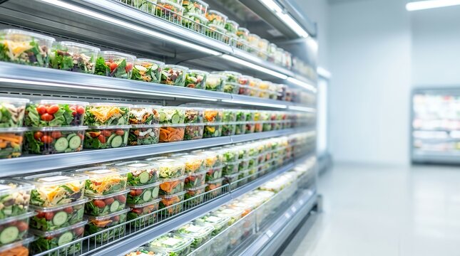Rows of fresh salad containers on illuminated refrigerated supermarket shelves.