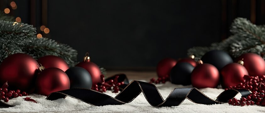 Dramatic holiday styling with matte crimson and black baubles, gold edged ribbon, frosted pine, and red berries on snow. Dark moody backdrop ideal for festive branding, greeting cards, or.