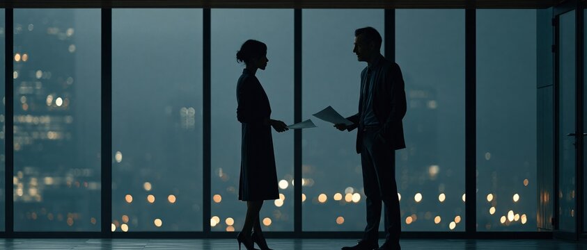 High stakes corporate negotiation captured in dramatic silhouette two executives exchange documents before a panoramic city window at dusk. Ideal for finance, leadership, and ambition themes.