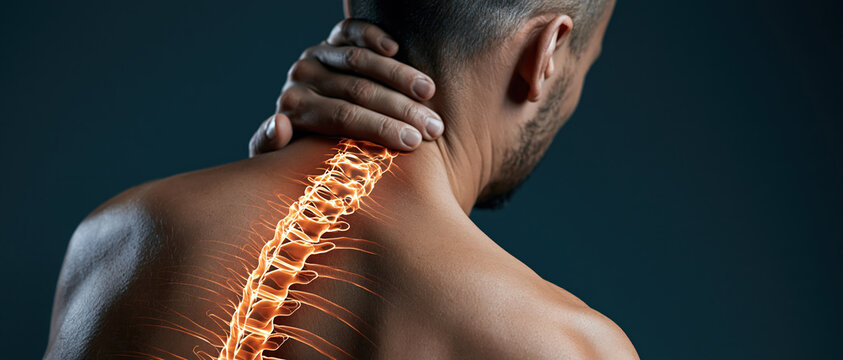 Medical concept of spinal pain visualized through a glowing vertebrae overlay on a mans bare back. Ideal for healthcare, chiropractic, orthopedic, and physical therapy campaigns.