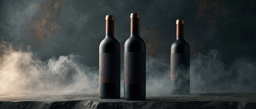 Dramatic product mockup for luxury wine branding three dark matte bottles with copper capsules rise from smoky mist on stone, perfect for premium label design or upscale beverage campaigns.