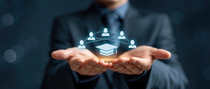 Empowering the future of learning suited professional cupping hands beneath glowing digital graduation cap and connected student icons, symbolizing corporate training, elearning leadership.