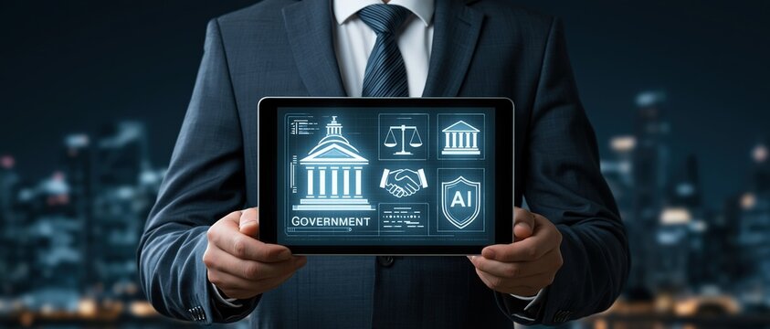 Future forward concept of e government and AI regulation suited professional presents glowing digital dashboard with justice, banking, and policy icons against a city skyline.