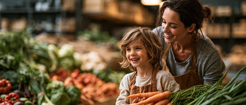 Warmth and connection shine as a smiling mother leans toward her joyful child holding fresh carrots at a vibrant produce market. Perfect for family health, organic food, and parenting.